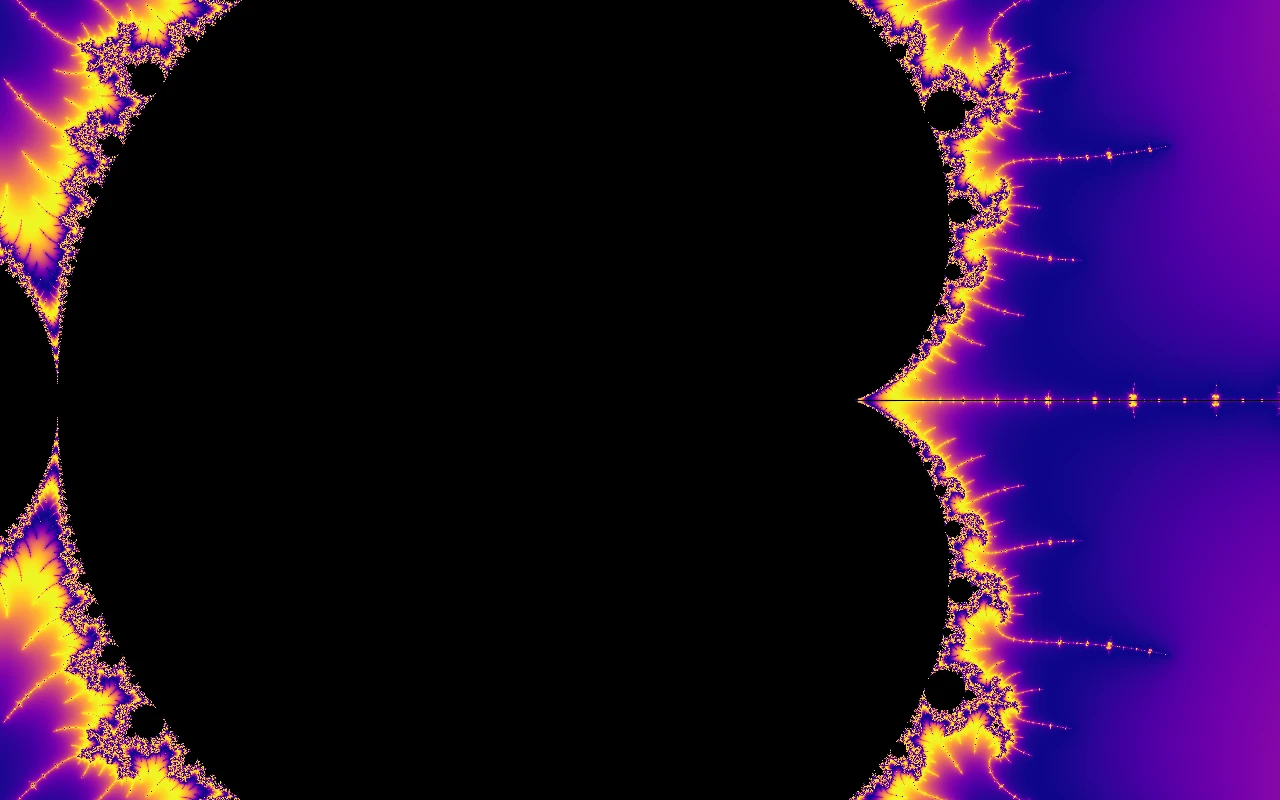 Colour bands converging on a small island copy on the Mandelbrot antenna