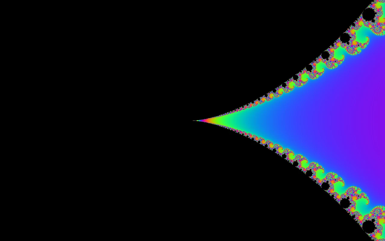The pointed cusp of the main cardioid with smooth colour gradients