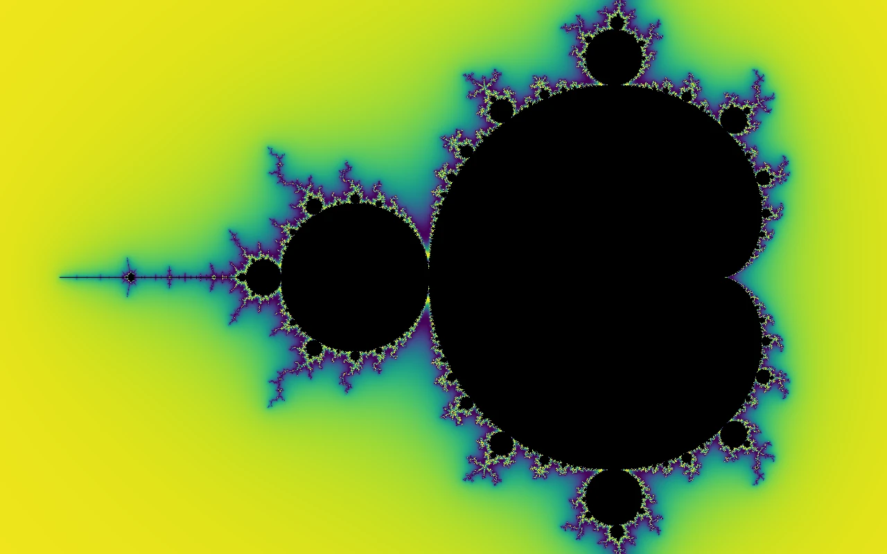The full Mandelbrot set in green and yellow on dark blue