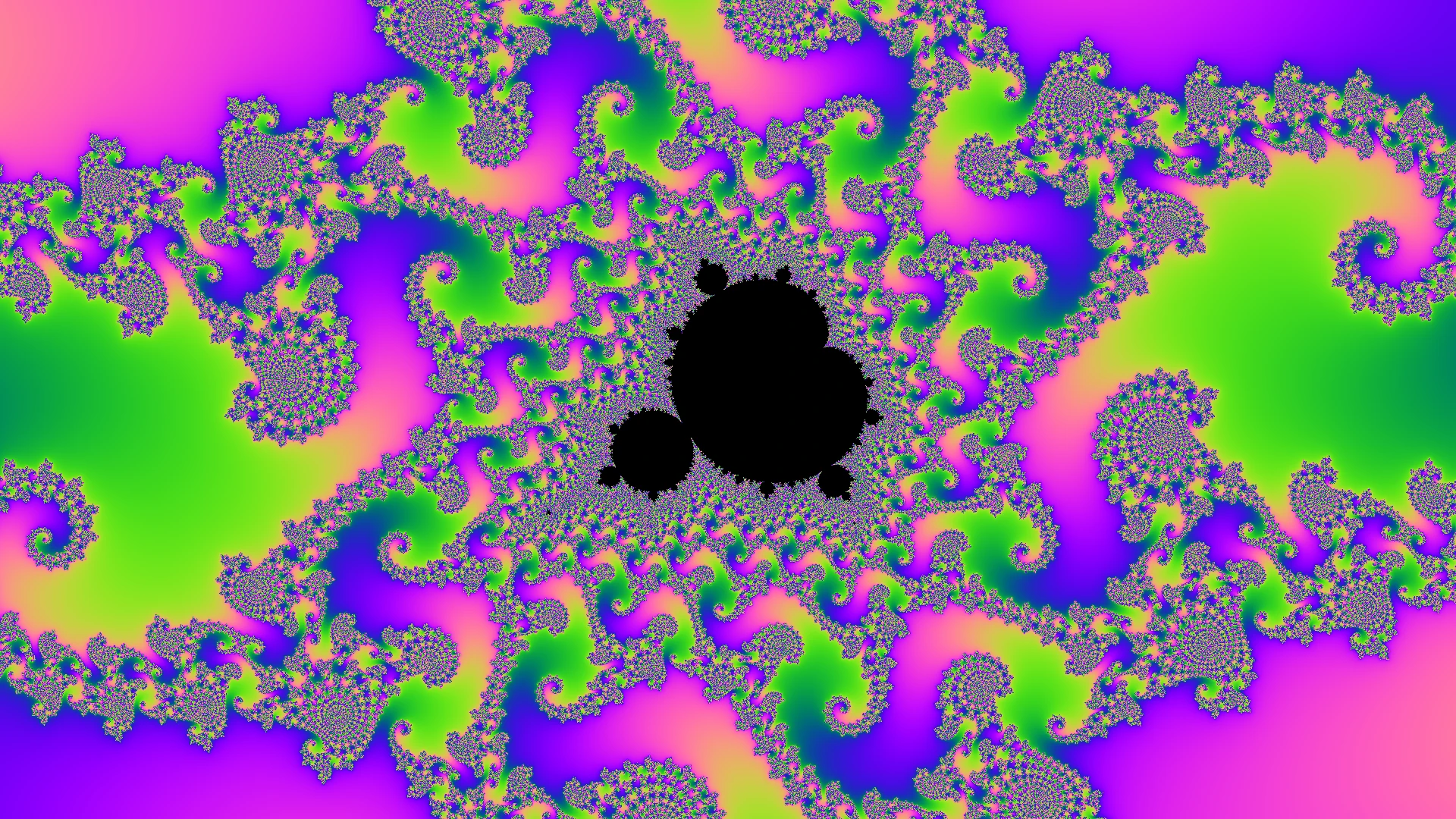 Dense purple-and-blue spiralling filaments of the Mandelbrot set boundary