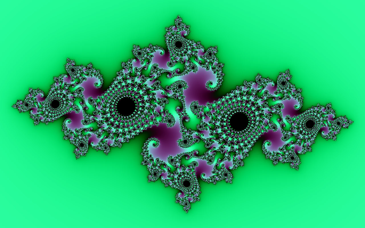 A lace-like Julia set in aurora greens and purples