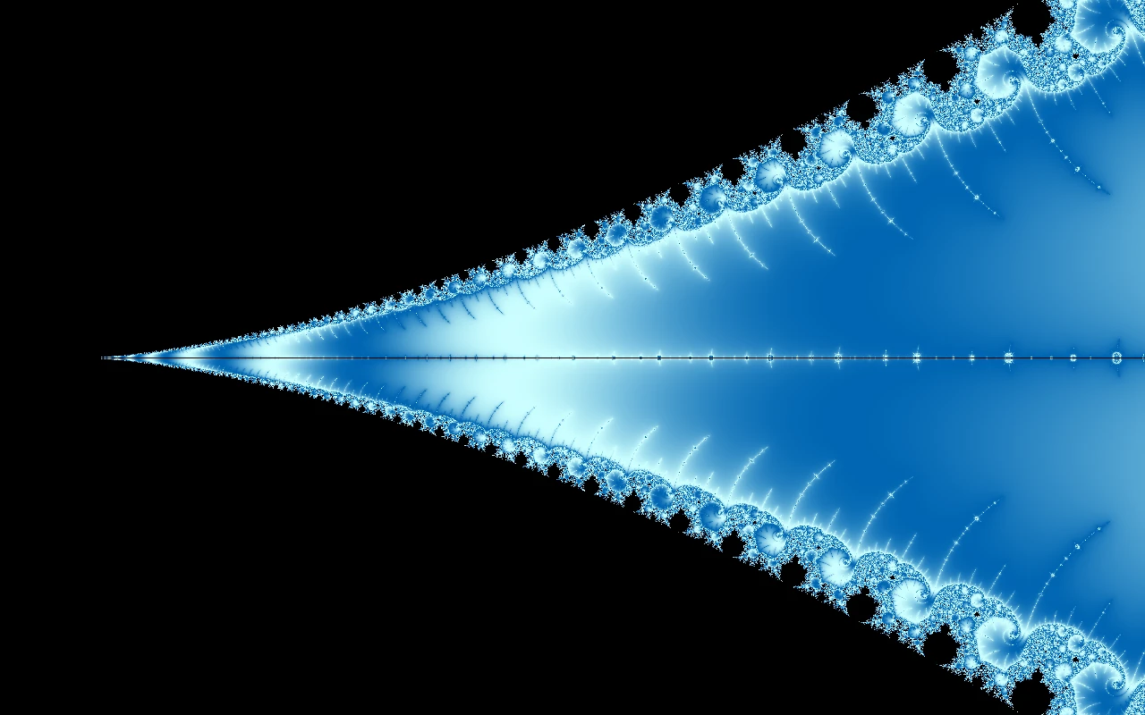 A tiny complete Mandelbrot set copy surrounded by icy filaments